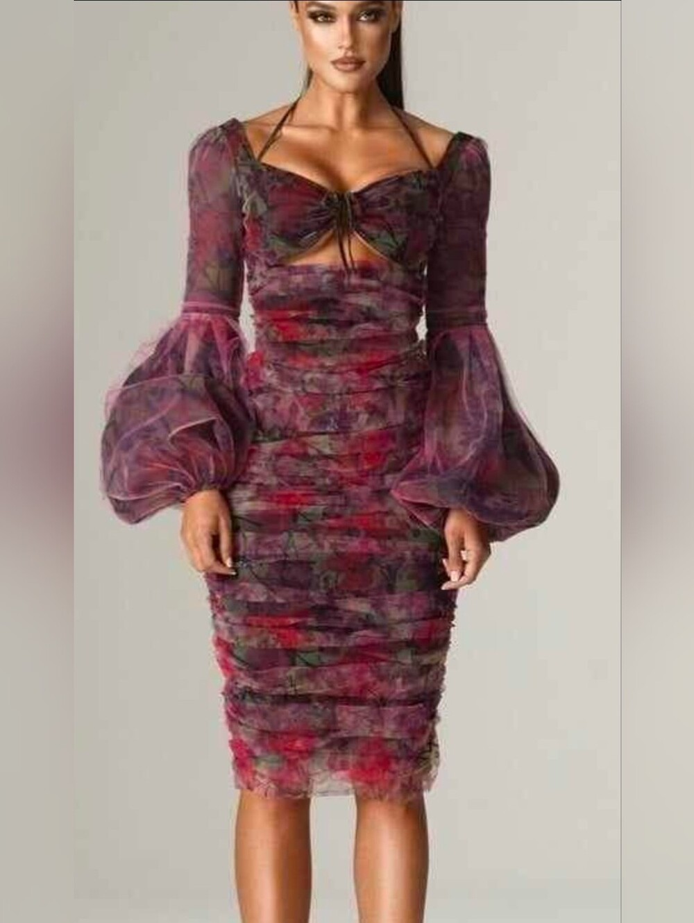 REVOLVE Purple Multi Ruched Sheer-Sleeve Midi Dress